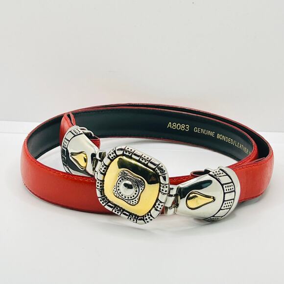 Vintage 80s/90s Red Leather Silver Gold Telephone Buckle Statement Belt - Picture 1 of 7
